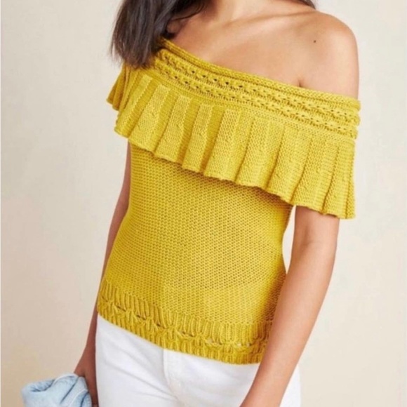 Anthropologie knitted Mustard Yellow Knit Top With Ruffle Detail in front.
Sz:M - Picture 6 of 6